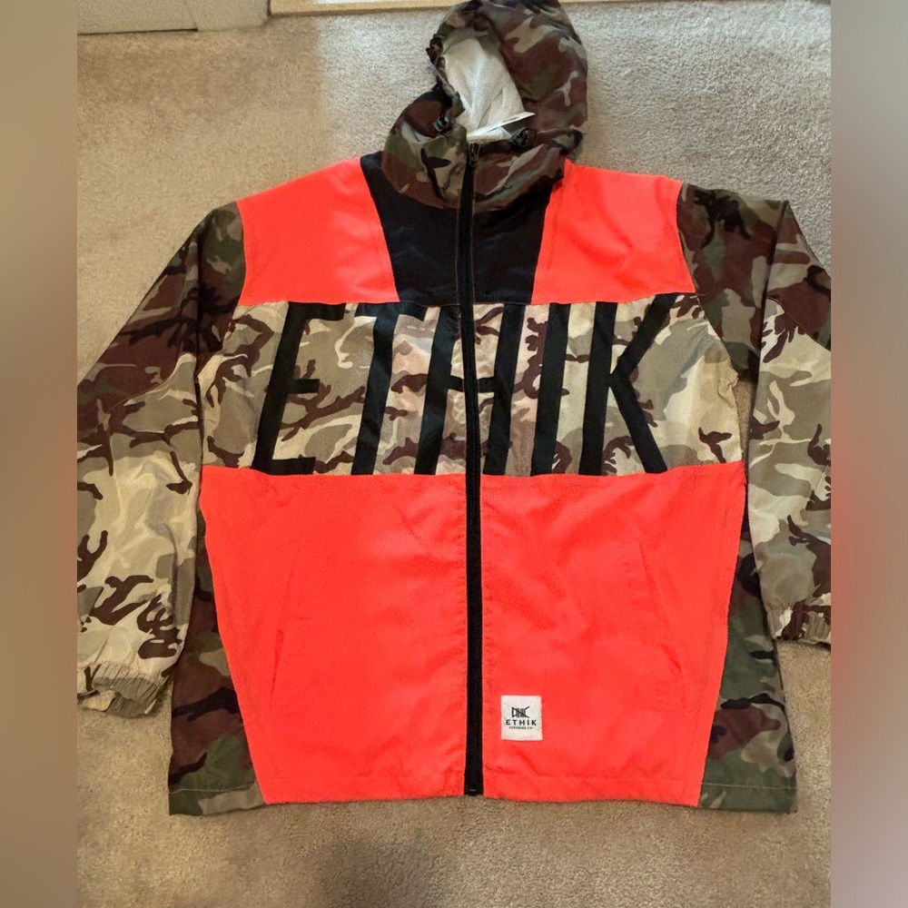 Ethik Game Assassins Mens Medium Camo Full Zip Orange Windbreaker New